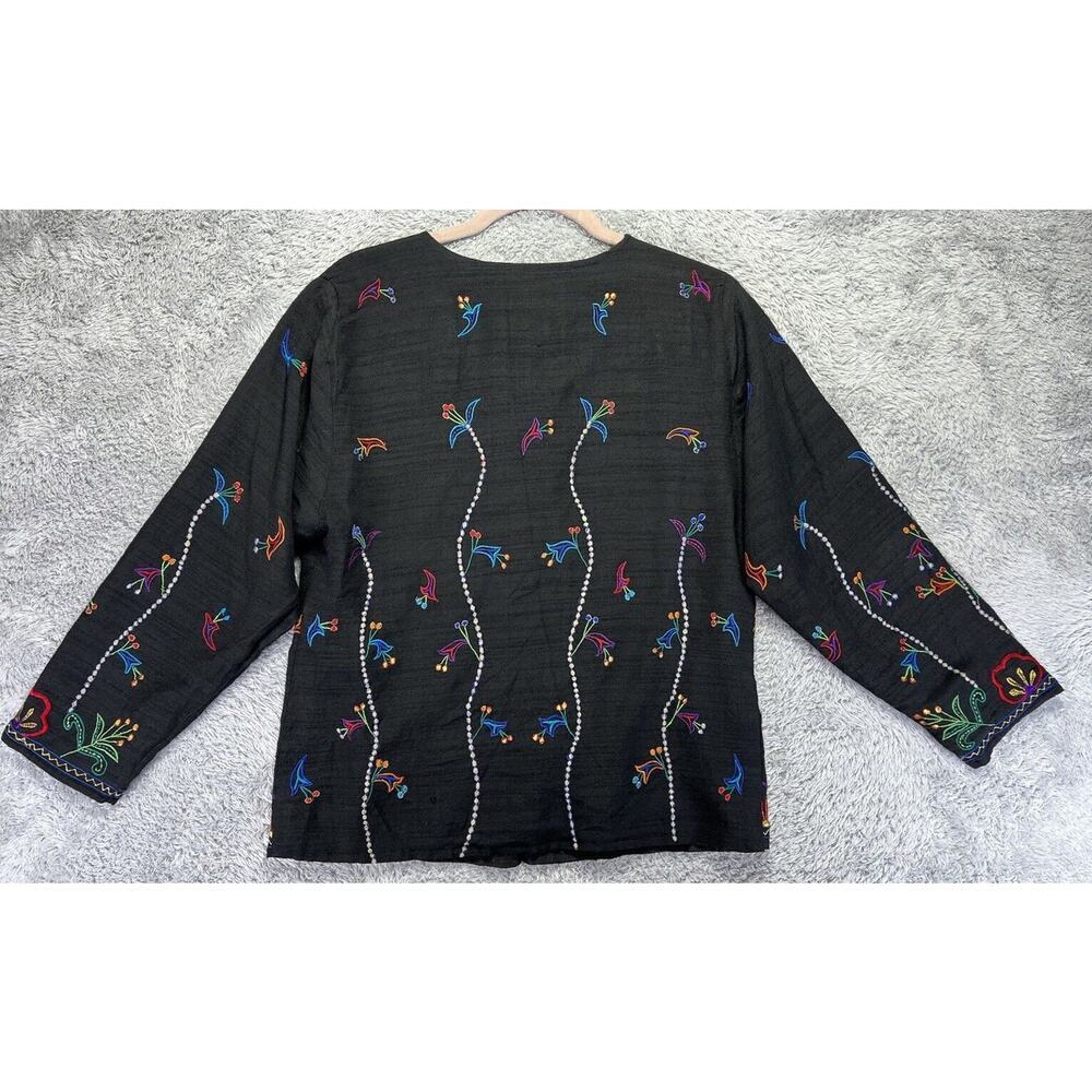 Vintage Silk Blend Black Lined Blazer Jacket Embroidered‎ Floral Art To Wear S - Picture 3 of 7